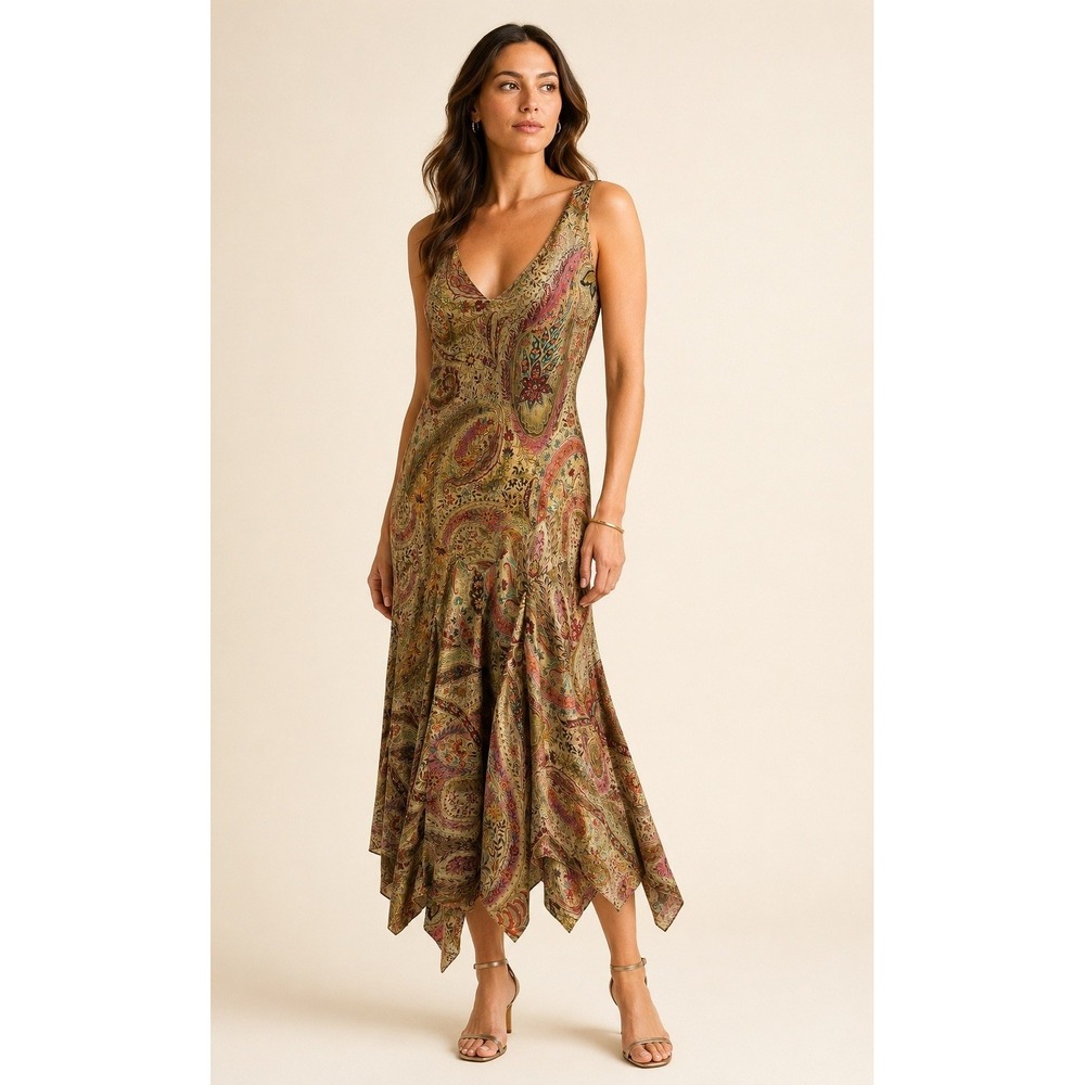 Lauren Ralph Lauren Vintage Paisley Silk Maxi Dress Women 6 Handkerchief Hem Y2K